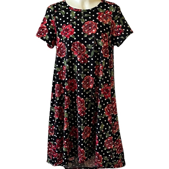 Lularoe Black White Polka Dots Red Roses Carly Swing Dress Medium High Low Hem - Picture 4 of 7